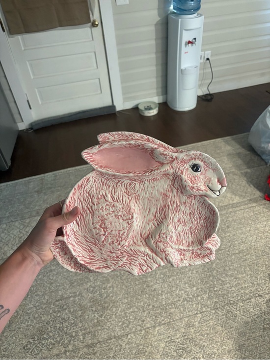 Other - Handcrafted Pink & White Bunny Decorative Tray - Home Accents